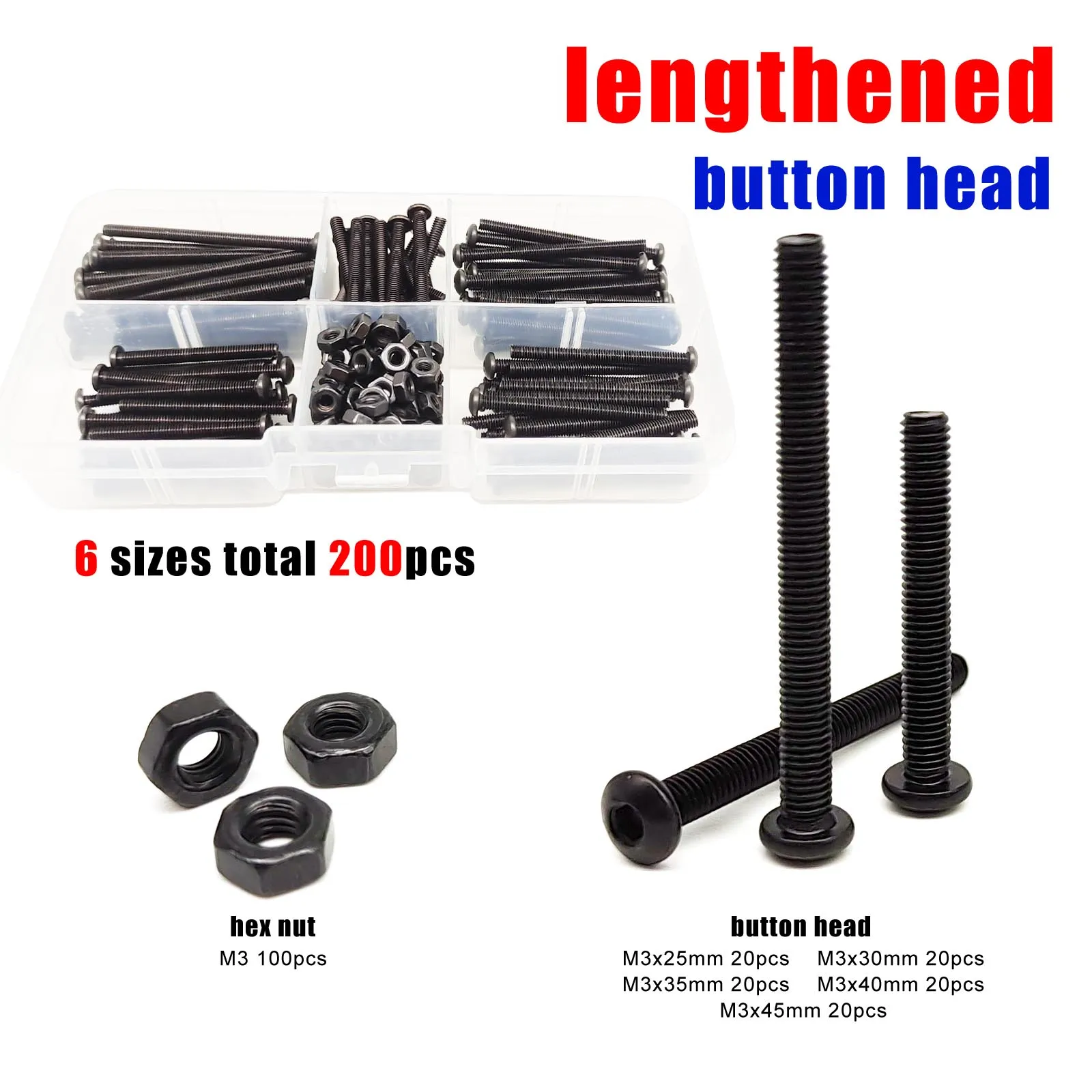 200pc/Kit Lengthened Long M3 Allen Hexagon Hex Socket Head Cap Button Countersunk Flat Thin Screw Bolt Nut Set Black Alloy Steel