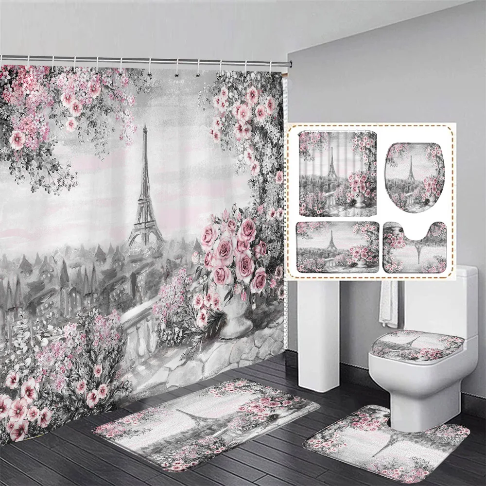 Vintage Paris Tower Shower Curtain Set Pink Floral Black White Town Fashion Girls Bathroom Decor Rug Bath Mats Toilet Lid Cover