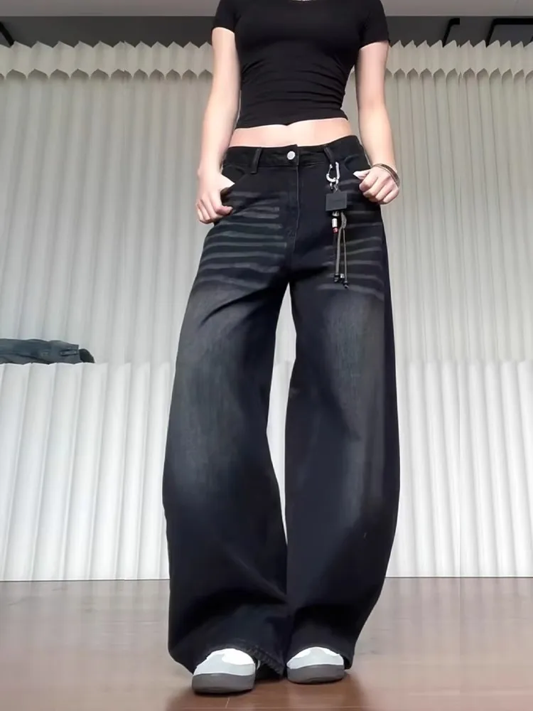 

American Retro Old Jeans Letter Embroidered Hip-hop Street Straight Wide-leg Pants Casual Loose Clothing Women