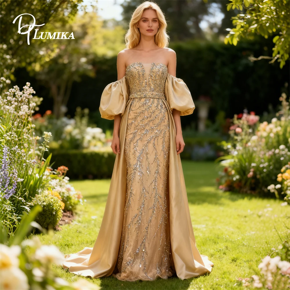 DTLumika Exquisite Maxi Dress for Women 2026 Strapless Detachable Satin Train Champagne Evening Dresses Party Prom Gown