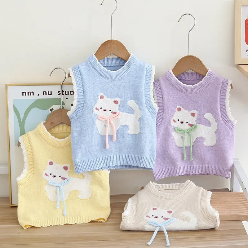 2026 koreanische Trendy Gestrickte Ärmellose Cartoon Katze Stickerei Kinder Mädchen Pullover Weste Feine Stricken Baby Mädchen Sweatshirt Tops Jacke