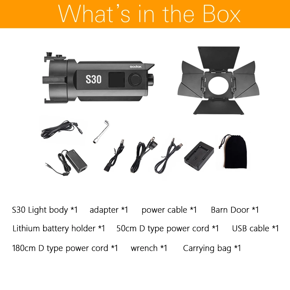 Godox 30Ws LED Photography Continuous adjustable Light S30 + Barn Door For Professional Photography