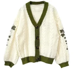 Cute Lantern Sleeve Knitted Cardigan Autumn Warm Embroidery Sweater Women Casual V-neck Single Breasted Sweater Coat Y2k