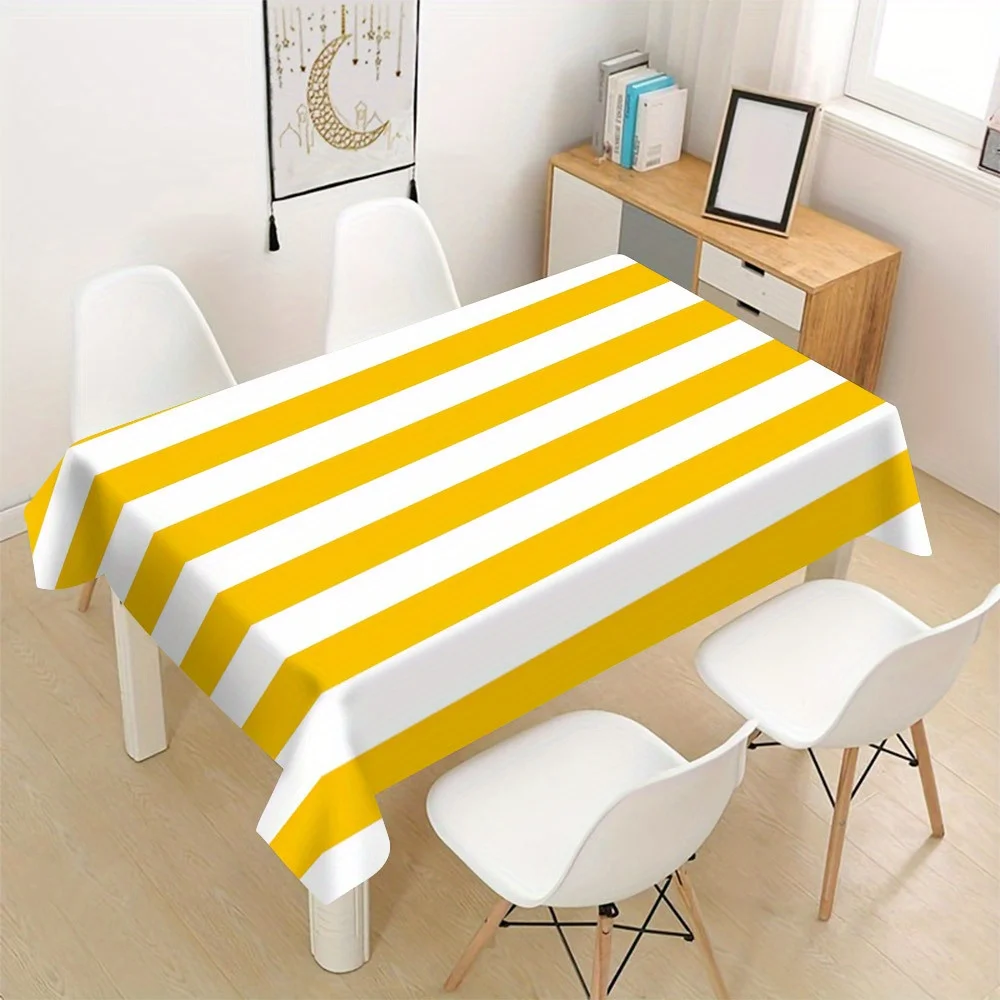 

1PC Yellow & White Striped Polyester Tablecloth - "Wish To Add Cuteness To Holiday Parties" Design, Machine-Made, Perfect