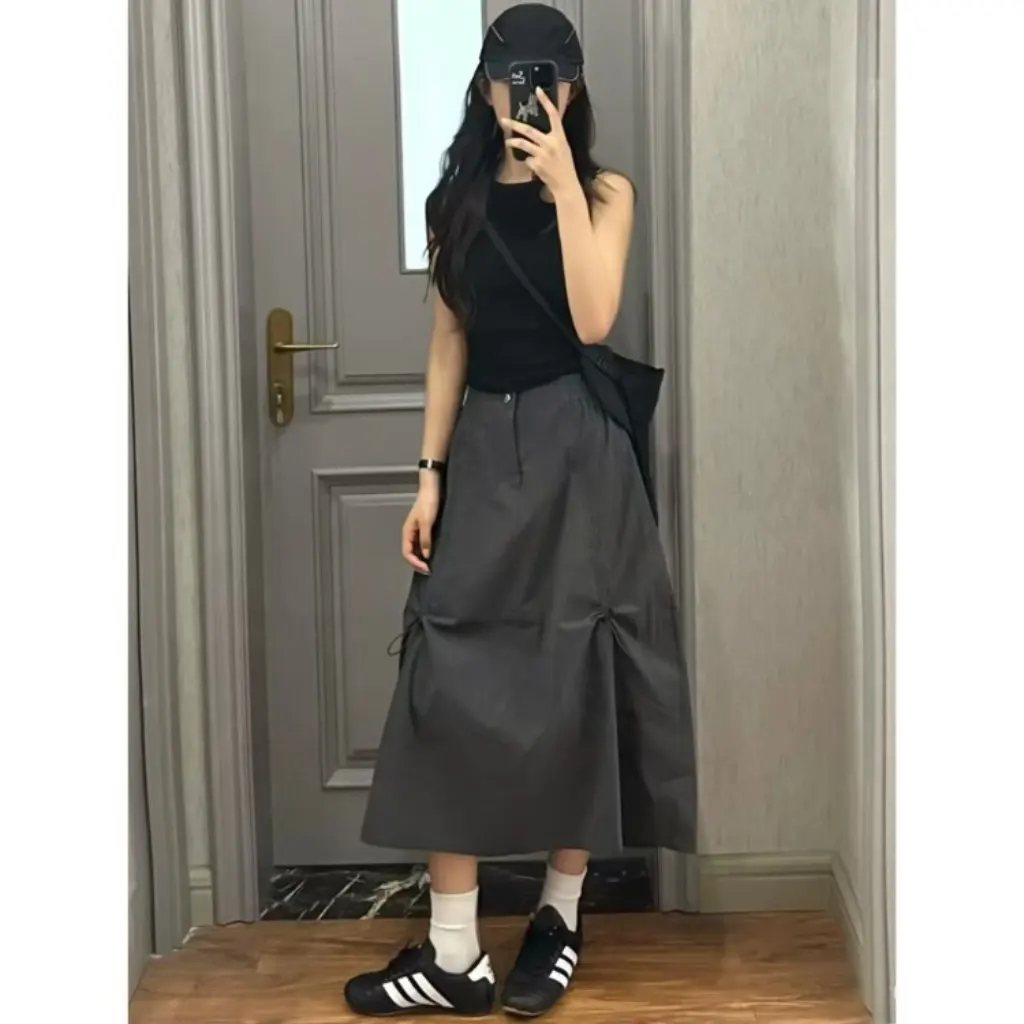 

Gray High Waist A-Line Umbrella Skirt Women's Summer Workwear Vintage American Style Slimming Short Size Half-length Skirt