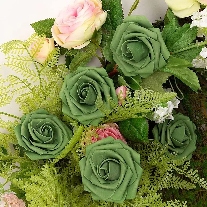 Artificial Flowers 25pcs Real Looking Elf Green Foam Fake Roses with Stems for DIY Wedding Bouquets Bridal Shower Centerpieces S