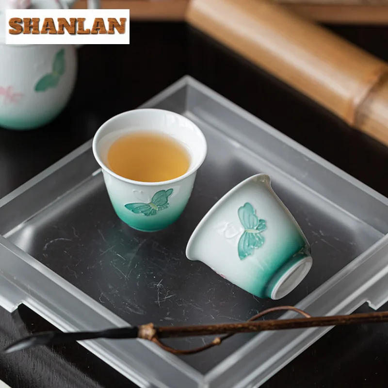 2 قطعة/الوحدة النعناع الأخضر كومة اللوحة فراشة فنجان الشاي الرجعية وعاء الشاي القدح الشاي تذوق التأمل كوب Chazhan ماستر أكواب الشاي 45 مللي #3