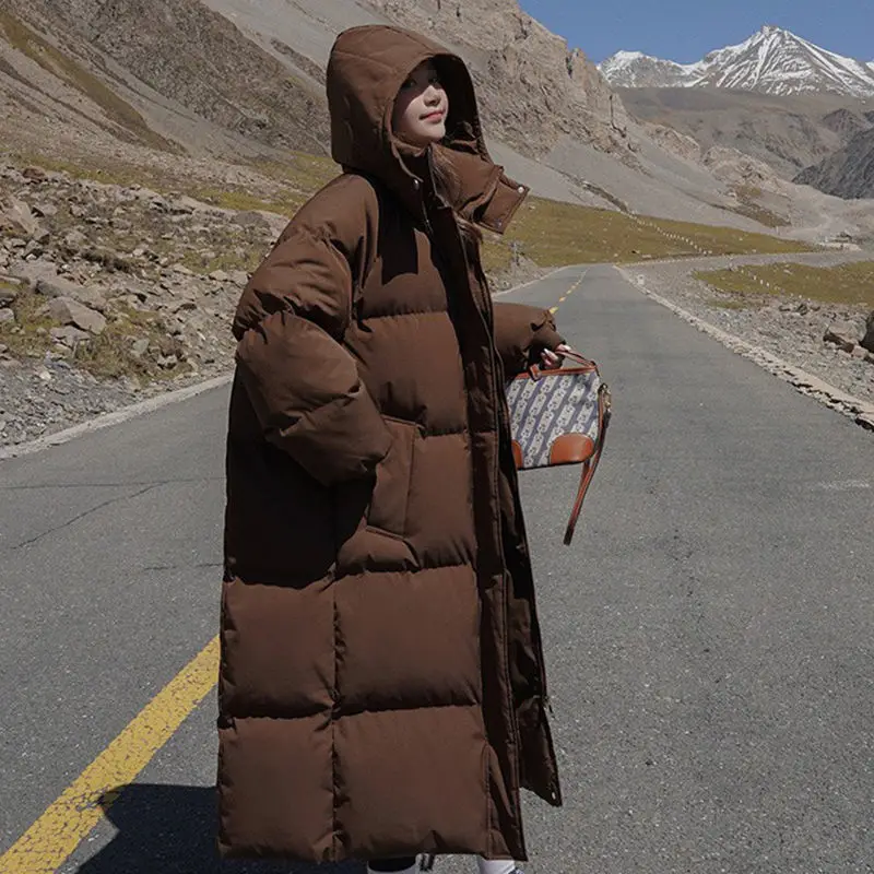 2023 New Women Down Cotton Coat Winter Jacket Female Long Over The Knee Parkas Loose Thick Outwear Solid Color Hooded Overcoat