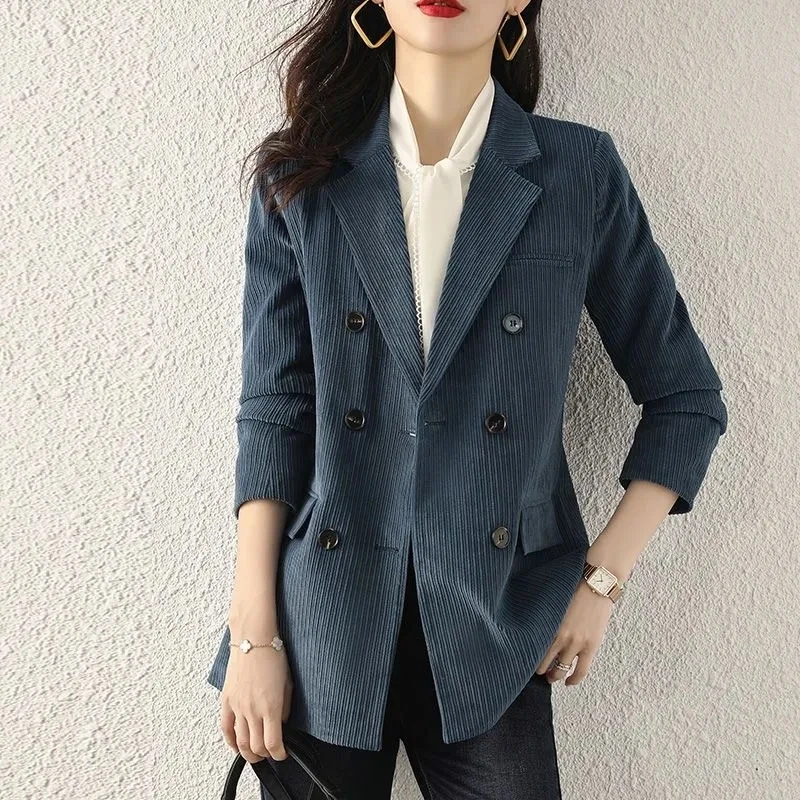 Korean Double Breasted Corduroy Blazer Suit Jacket,for Womens Clothes,Spring Autumn Blazes,2024 New,Casual Suit Coat,Female,Tops