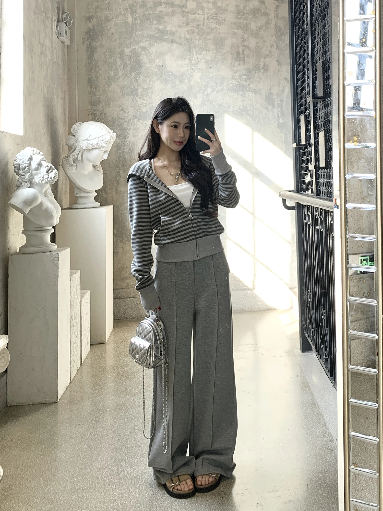 

ay ort Waist-Cinching Hoodie And Wide Leg Pants Two-Piece Set Casual Striped Women's Faion Spring Outfit by Withmxboom