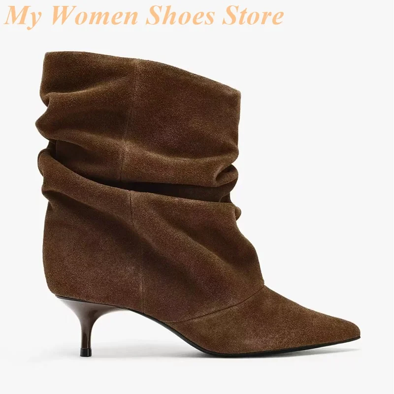 مترهل الجلد المدبوغ البني الكاحل الجوارب مثير مدبب تو خنجر رقيقة عالية الكعب الانزلاق على المدرج 2026 الشتاء الخريف النساء فستان أحذية
