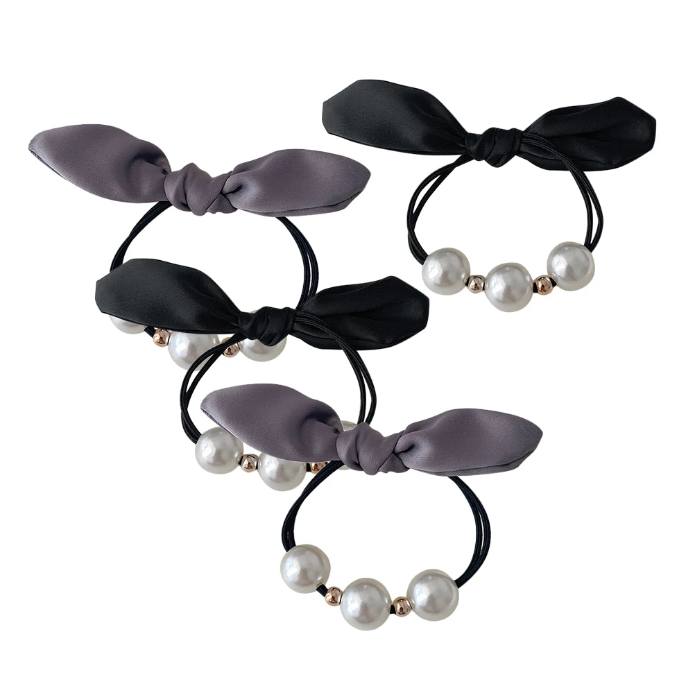 

4 Pcs Hair Ties Pearl Bow Elastic Bands for Women Toddler Girls Thin Hair Styling Accessories Travel Black Gray Color
