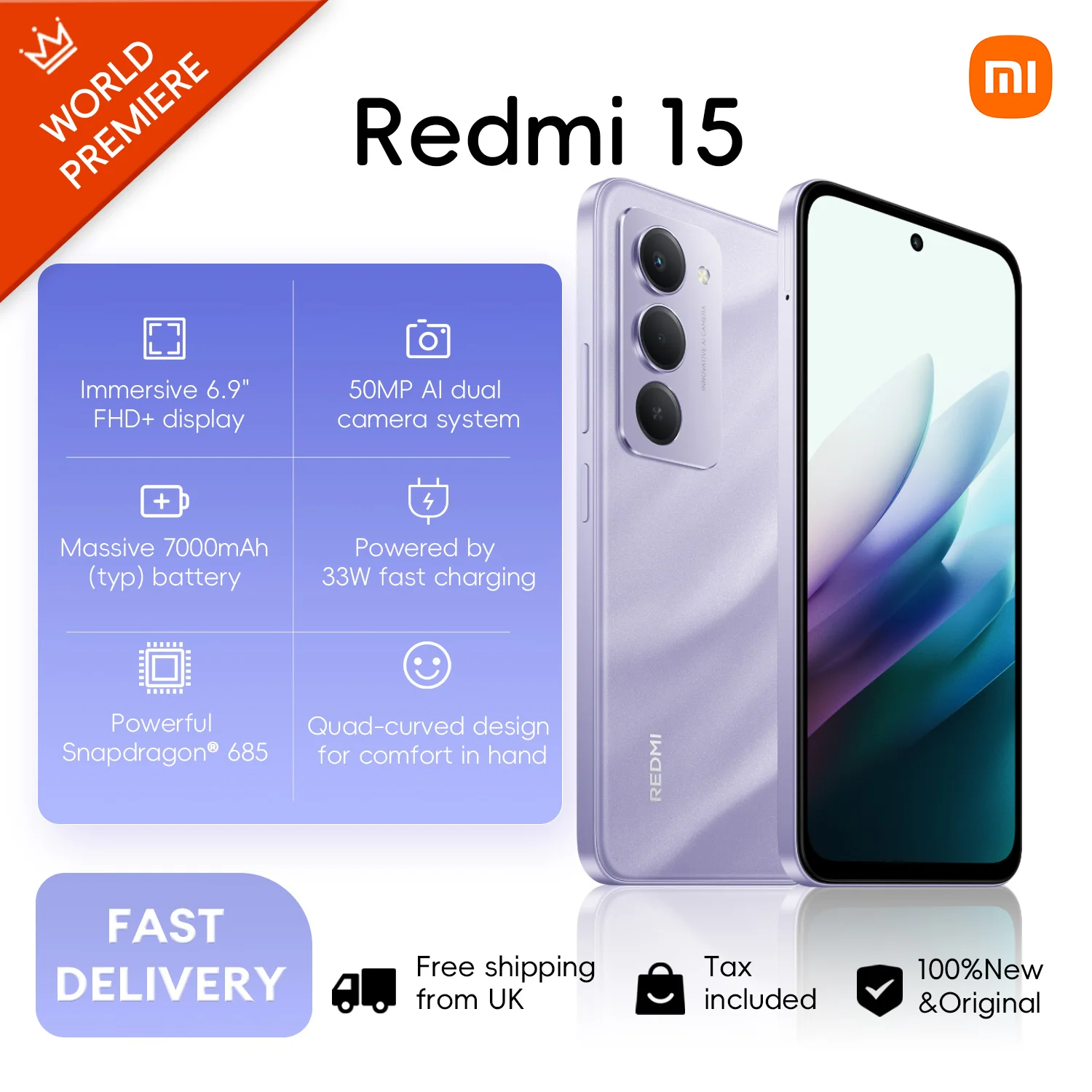 ريدمي 15 6+128 جيجابايت سنابدراجون ®   منصة متنقلة 685 144 هرتز 6.9 بوصة FHD + DotDisplay 50 ميجابكسل كاميرا مستشعر بصمة الجانب 7000 مللي أمبير 33 وات NFC