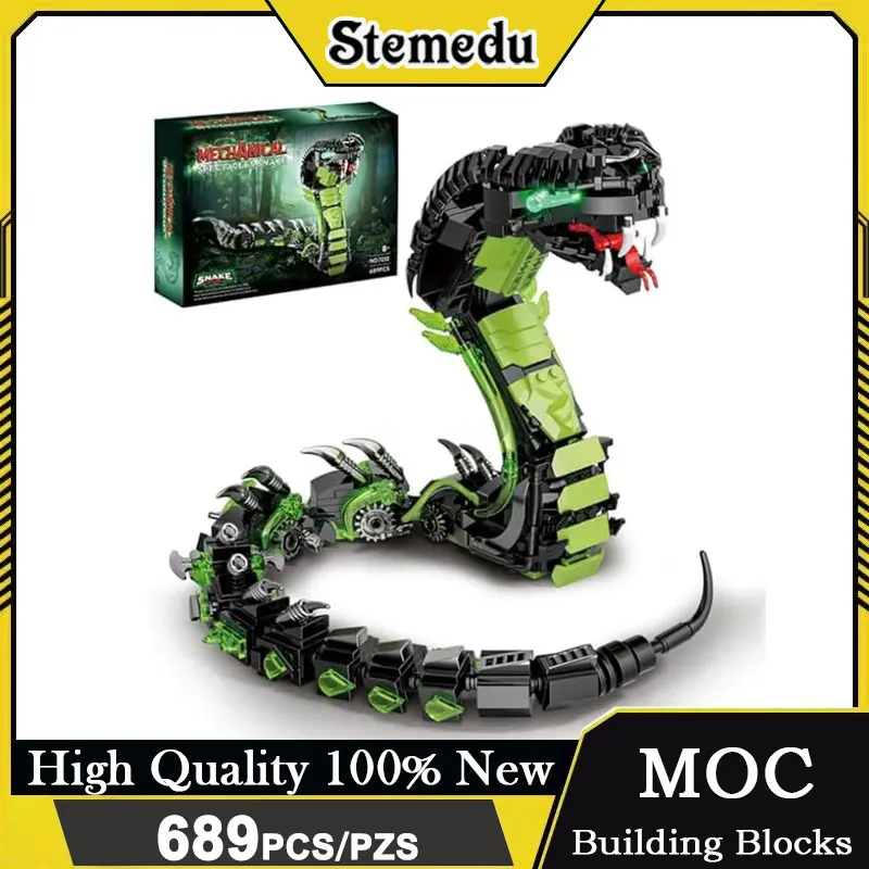 

689 шт. механический набор строительных блоков в виде змеи STEM, технологическая модель животного кобры, гибкий корпус, детальный строительный кирпич, подарок