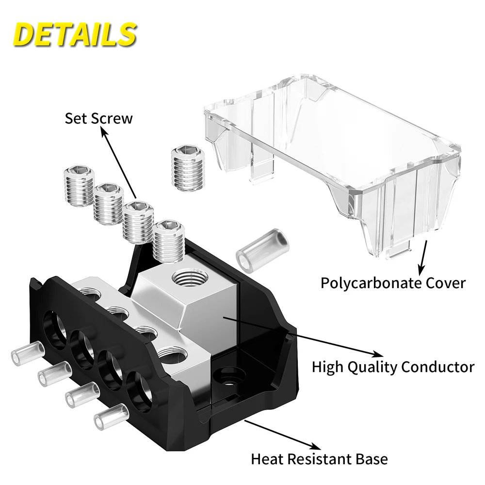 4 Way Audio Power Distribution Block 1x 0/2/4 AWG Gauge in 4X 4/8/10 Gauge Out Ground Distributor Connecting Block for Spliter