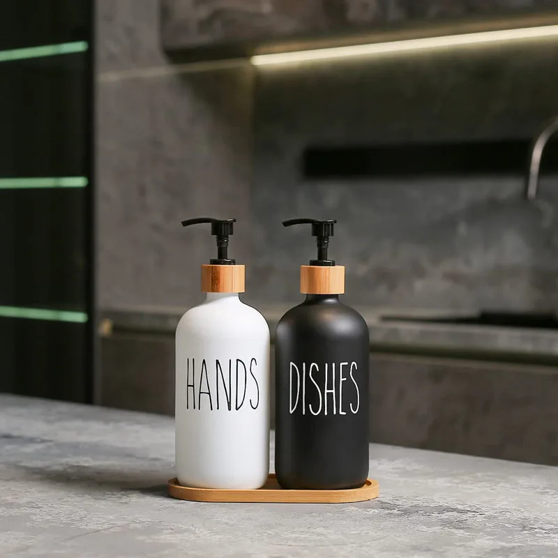 500ml Hand Dish Soap Dispenser Set With Bamboo Tray Refillable Plastic Bottle Shampoo Shower Gel Lotion Liquid Empty Container