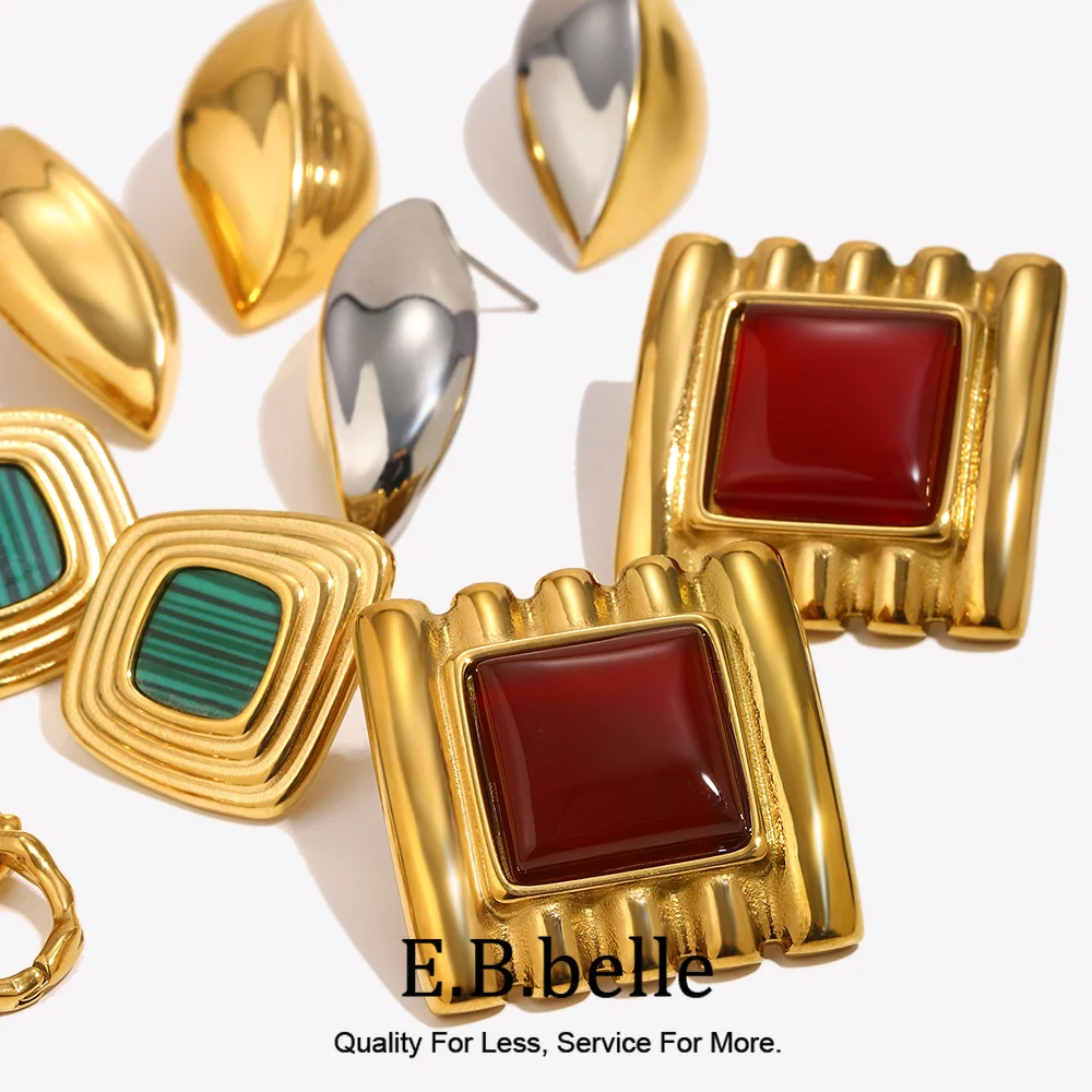 E.B.belle Ohrstecker im Vintage-Stil, glatt, quadratisch/oval, roter Edelstein, 18 Karat vergoldeter Edelstahl, für Damen und Mädchen, Schmuck