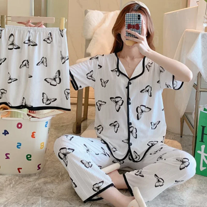 Women\'s New Three-Piece Pajamas Summer Short-Sleeved Pyjamas Korean Version of the Sweet and Lovely Cardigan Ladies Homewear