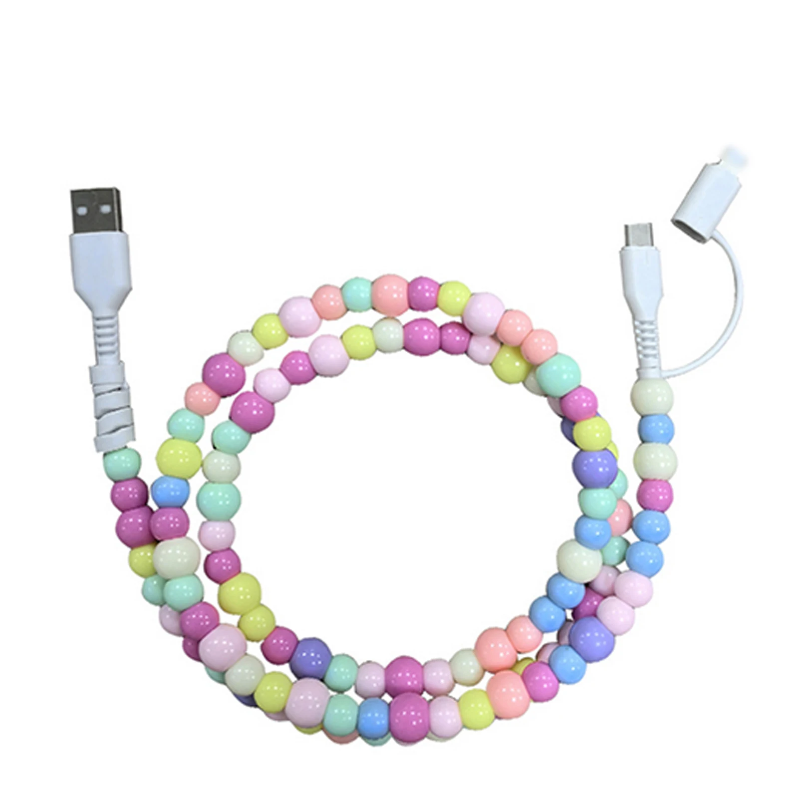 Creative Portable Beaded 2-in-1 Data Cable, USB C Cable 2 In 1 Multi Charging Cable Handmade Colorful Pearl Fast Charging Cord