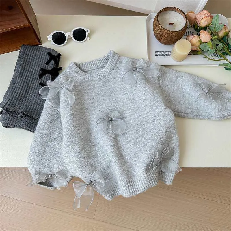 

Girls Solid Color Sweaters Cute Bow Children Clothing Autumn And Winter 1 To 10 Years Baby Kids Sweet Princess Knitted Sweater