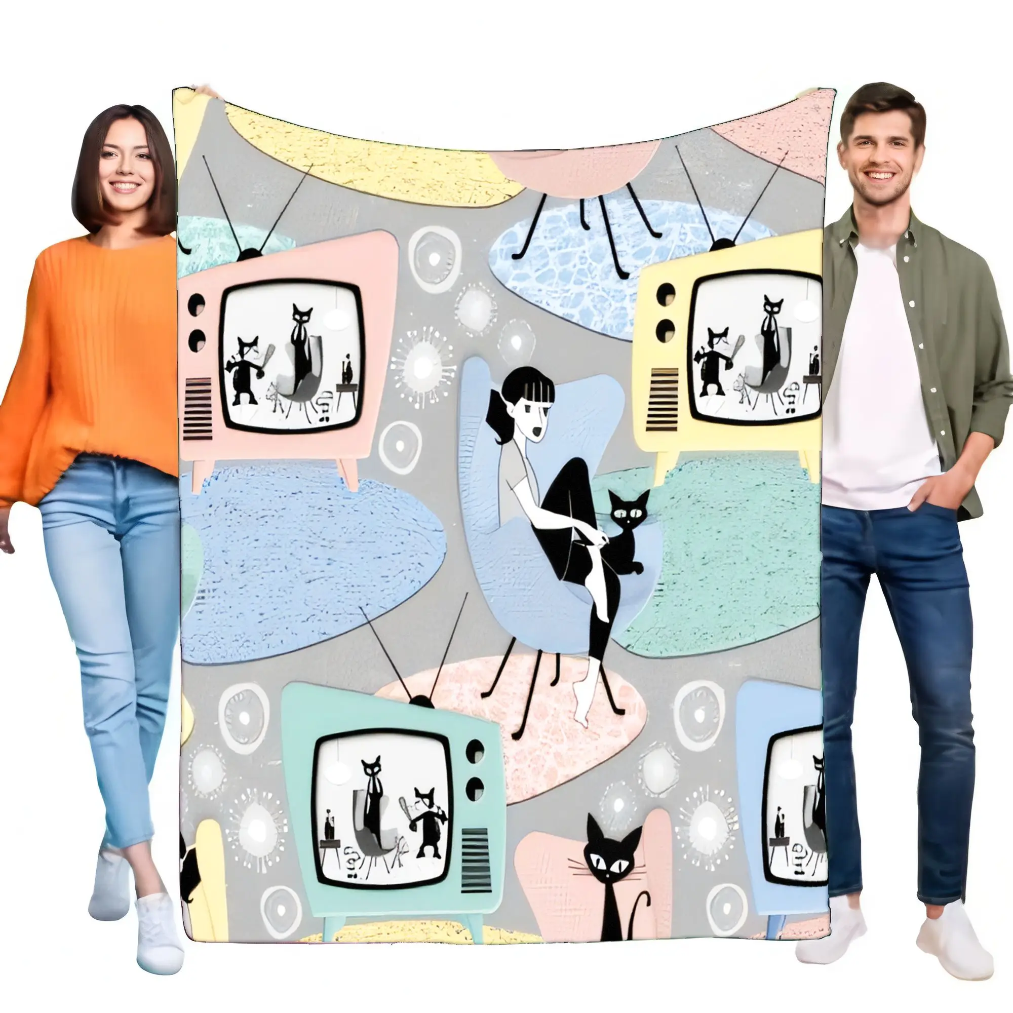 Mid-Century Modern Retro TV Cats Women Blanket Soft Cozy Lightweight Throw for Couch Bed Sofa Decor, Vintage Atomic Home Gift.