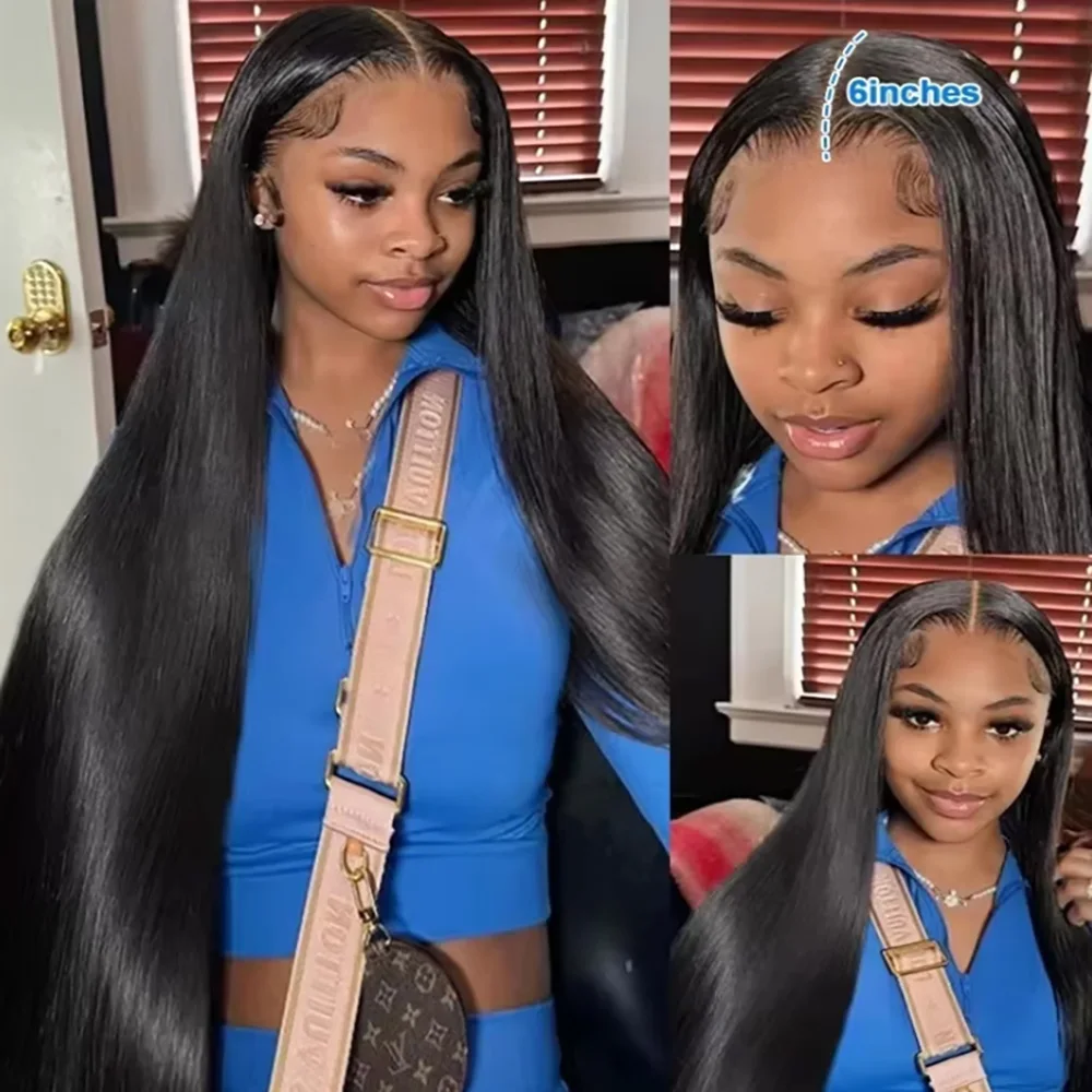 Natural Black Silky Bone Straight Extra Long Brazilian Virgin Human Hair Wig 46 Inch 13x6 HD Transparent Lace Front Pre Plucked Baby Hair Glueless Wear Go 200 Density For Black Women view 2