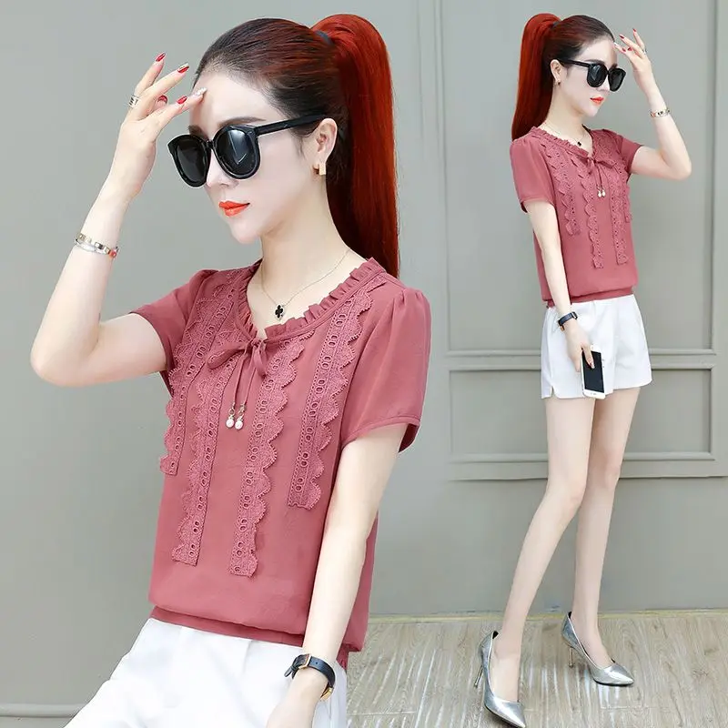 Elegant O-Neck Spliced Bow Ruffles Shirring Lace Blouse Women\'s Clothing 2023 Summer New Oversized Casual Pullovers Sweet Shirt