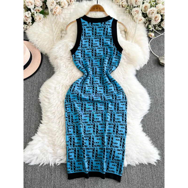 Chic vintage femmes été mince lettre imprimer tricoté moulante midi débardeur fête gaine robes genou longueur sexy club vestidos