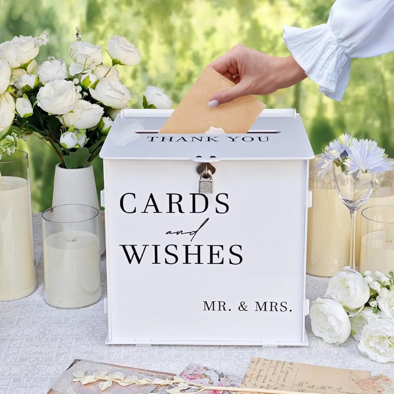 

White Acrylic Card Box with Slot & Lock, DIY Wedding Card Boxes for Wedding Reception, Elegant Money Envelop Card Box for Party