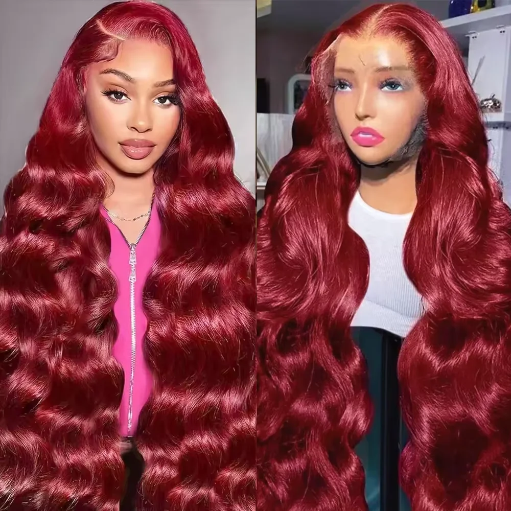 

99j бордовый 13x6 Человеческие волосы на кружеве спереди, плотность 200, объемная волна 13x4, 30 32 дюйма, красный цвет, кружевные фронтальные парики, бразильские для женщин