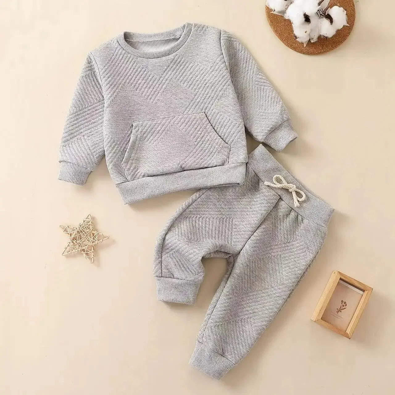 2PCS Boys Girls Cotton White Gray Geometric Sweatshirt Casual Sweatshirt Athletic Suit Best for Gifts