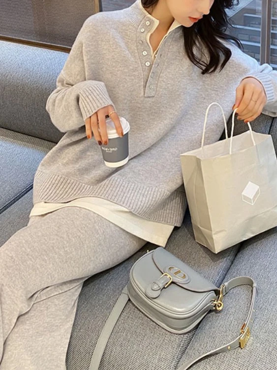 Women Knitted Tracksuit Two Piece Sets 2024 New Autumn Winter Warm Casual Long Sleeve Pullovers Wide Leg Pants Ladies Suits