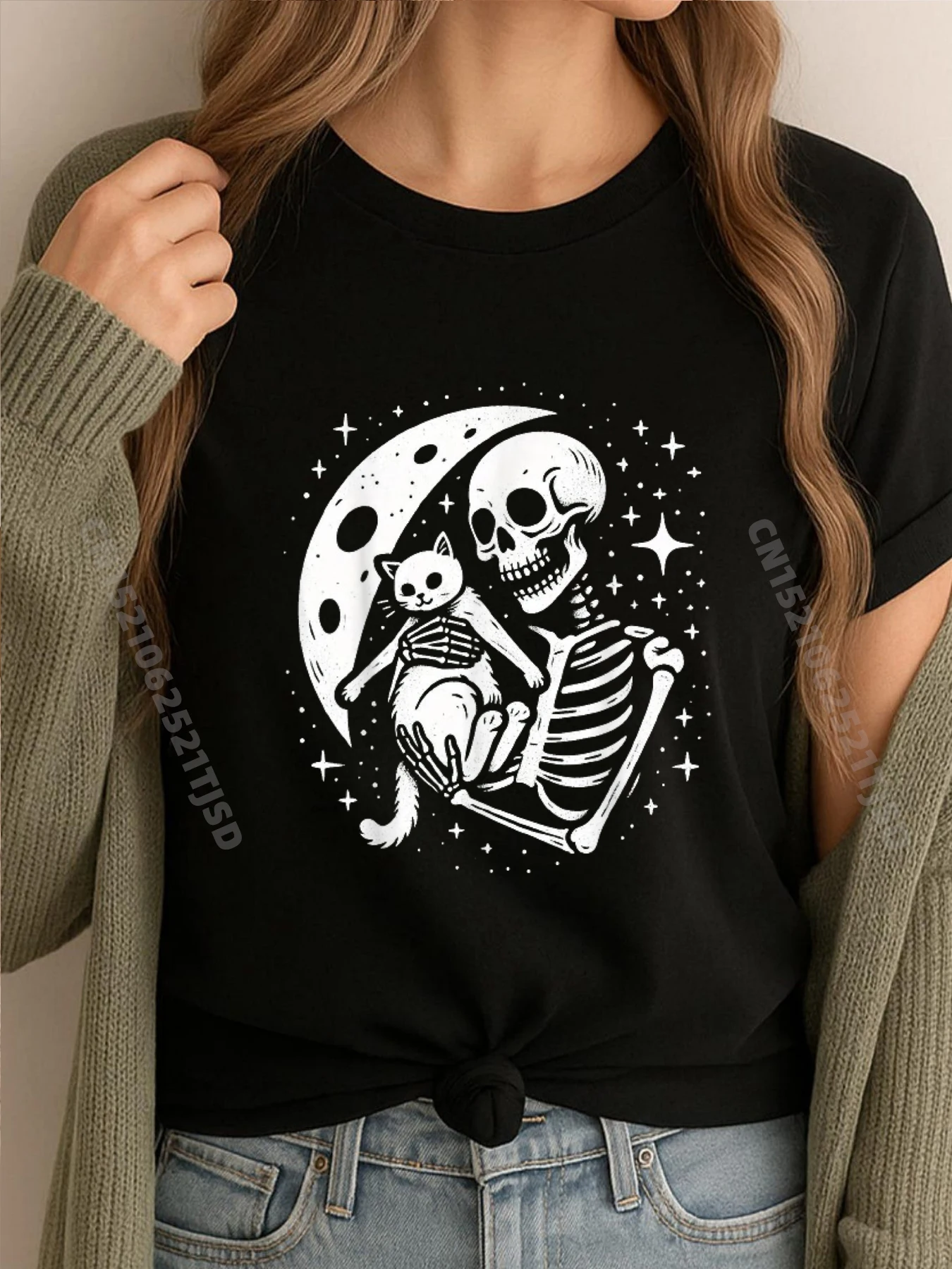 

Vintage Skeleton Cat Skull Goth Halloween Harajuku Band Tshirts Man Tops Tees 4TH of July