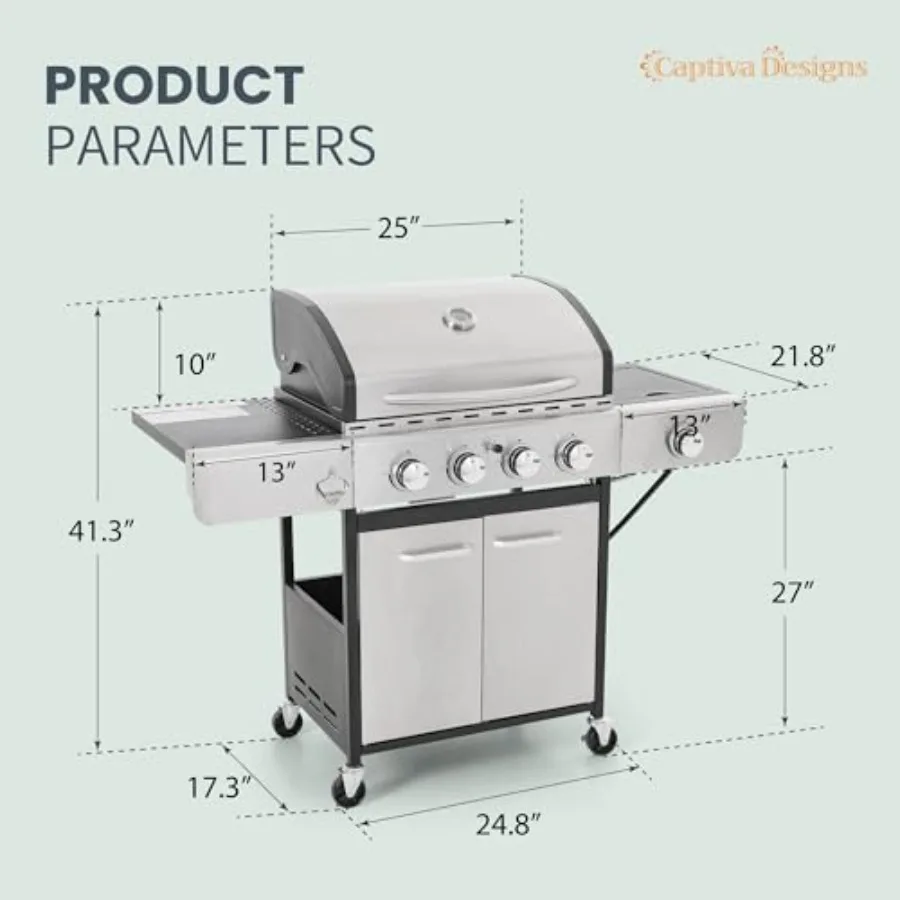 4-Burner Propane Gas BBQ Grill with Side Burner and Porcelain-Enameled Cast Iron Grates 42 000 BTU Output Stainless Steel for O