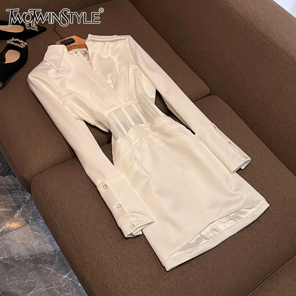 TWOTWINSTYLE White Satin Shirt Dress for Women Lapel Collar Long Sleeve Sheer Waist Tailored Skirt for Office Commute KDR559240