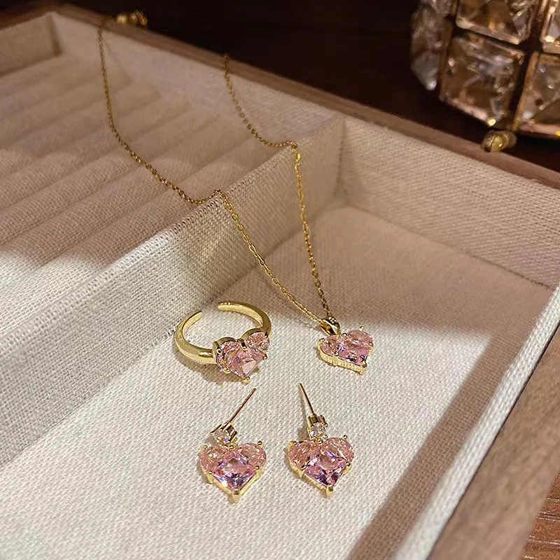 4PCS Fashion Pink Diamond Heart Crystal Zircon Necklace Earrings Ring Set For Women Sweet Love Hook Earrings Choker Ring