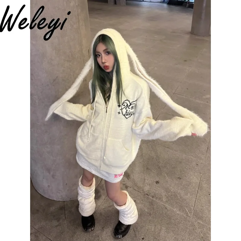 

Streetwear Cute Rabbit Ears Hooded Knitted Cardigan Autumn and Winter American Retro Loose Zipper Sweatshirt Jacket for Women