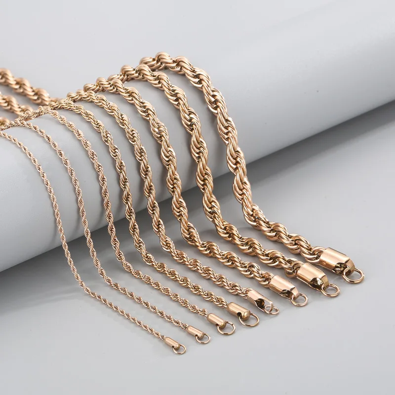 4/5/6/7/8mm Punk Rose Gold Color Twisted Rope Chain Necklace Bracelet Hiphop Men Women Stainless Steel Pendant Choker Jewelry