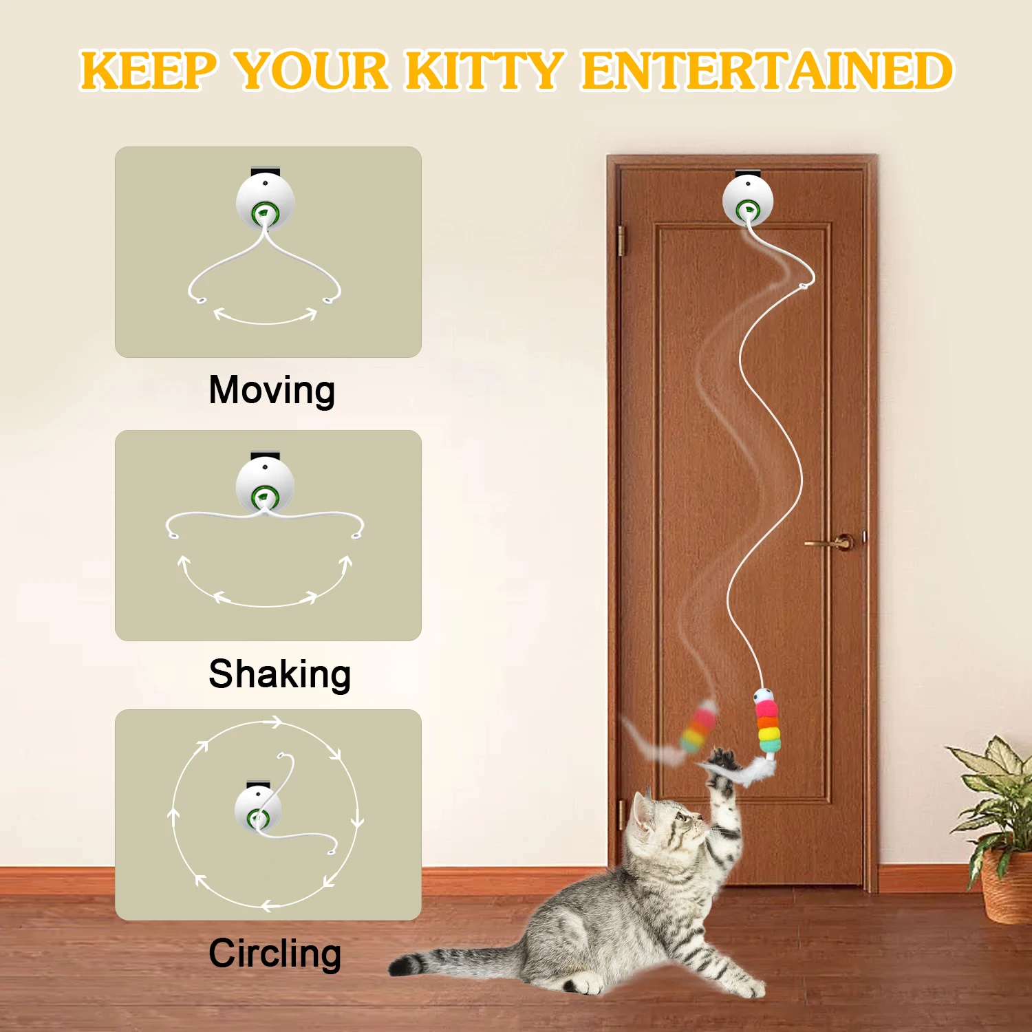 PERKEO Cat toy hanging door automatic cat toy interactive elastic rope with feathers, cat scratching game door hanger