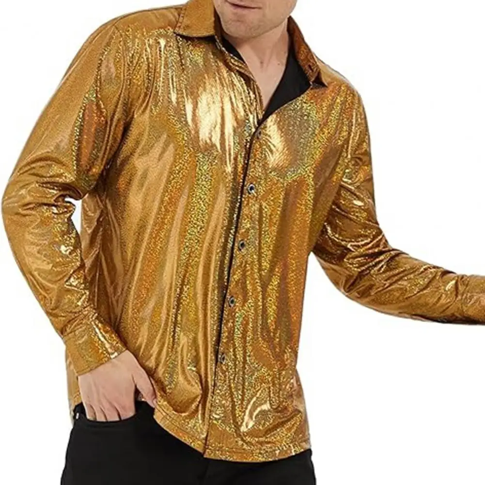 Camisa de manga larga para hombre, camisa de Color sólido, superficie brillante, cuello vuelto, fiesta de Navidad, club nocturno