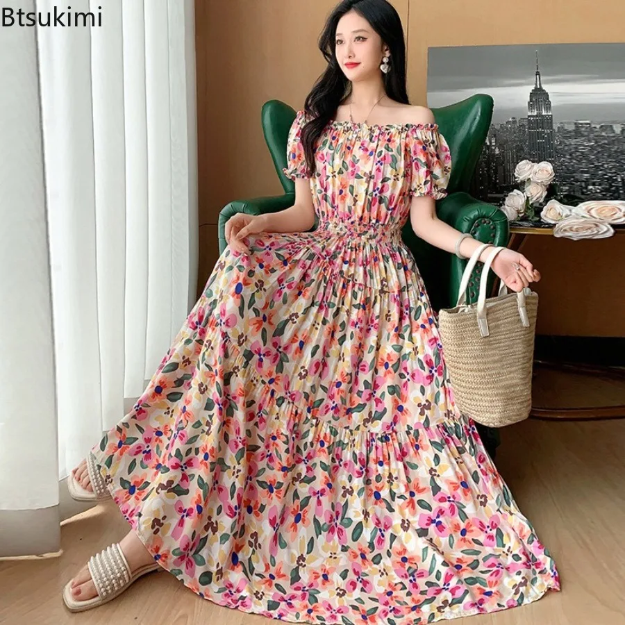 2026 Sommer Damen Baumwoll-Seiden-Kleider mit hoher Taille, bedrucktes langes Kleid, schmales Kunstbaumwoll-Strandkleid, böhmisches Urlaubskleid