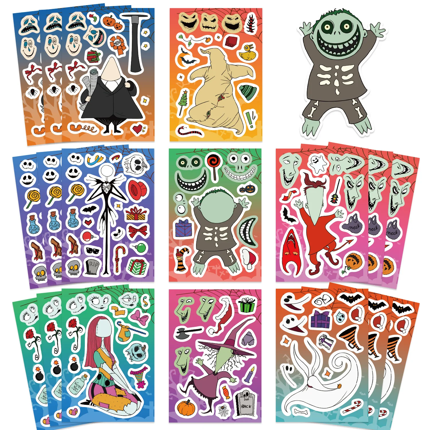 

8 листов, детские наклейки-головоломки «сделай сам», мультяшные наклейки на Хэллоуин, Рождество, ужасы, ночь, наклейки для изменения лица, образовательные