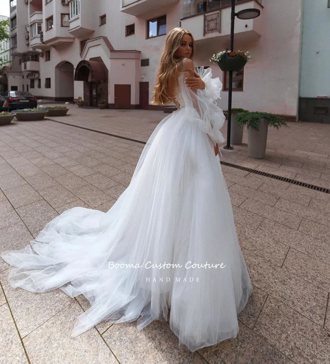 Booma Deep V-Neck A-Line Beach Wedding Dresses Puff Sleeves Appliques Backless Bride Dresses Pleated Tulle Long Bridal Gowns