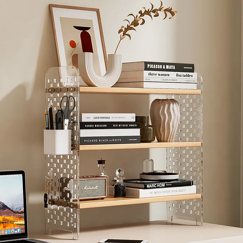 AOLIVIYA Acrylic Desk Bookcase Cabinet Library Shelves Bookshelf Storage Rack Office Display Organizer Hole Board Stand