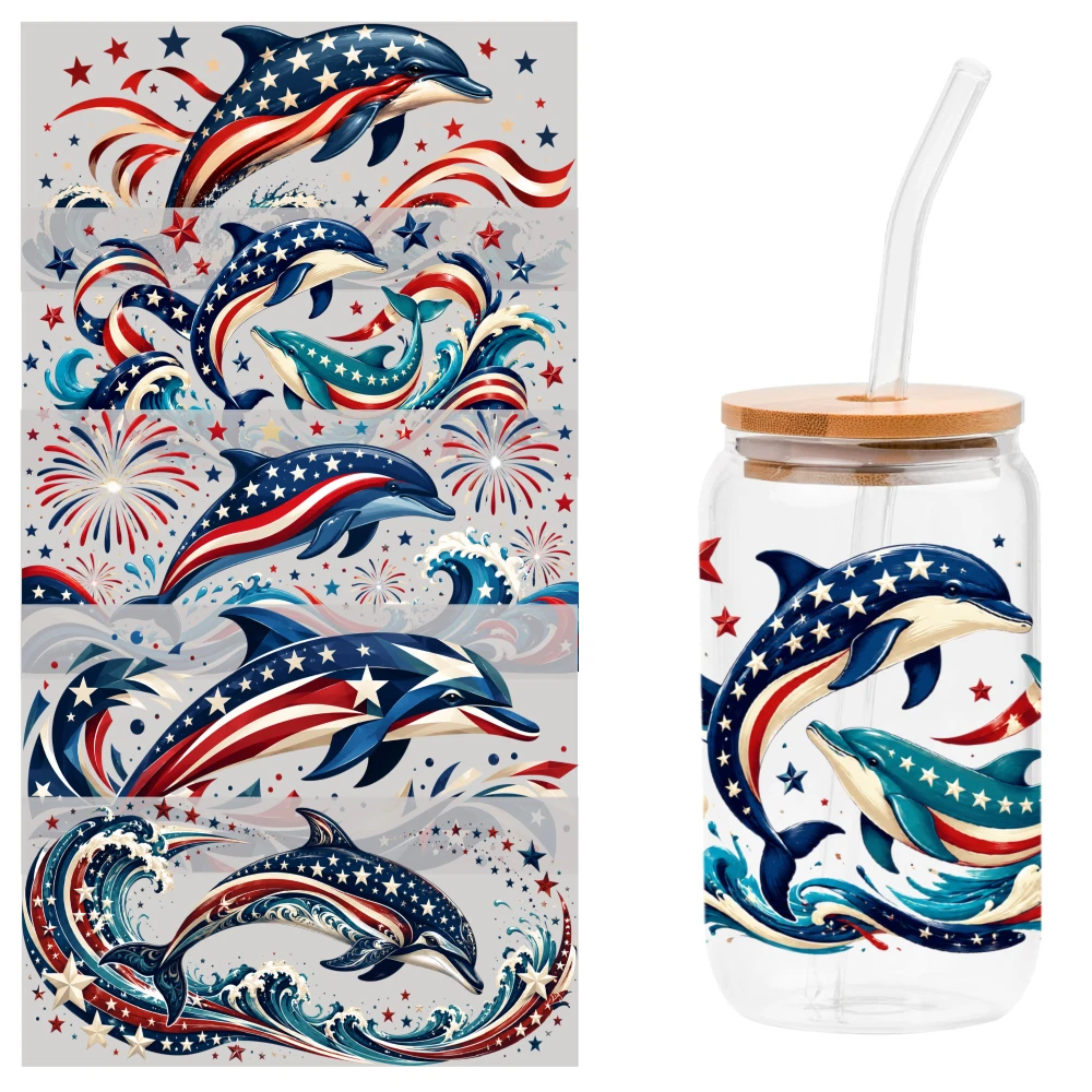 5 Sheets Patriotic Dolphin Wave UV DTF Stickers Waterproof Decals Mug Decoration Gift Waterproof Rub on Transfers