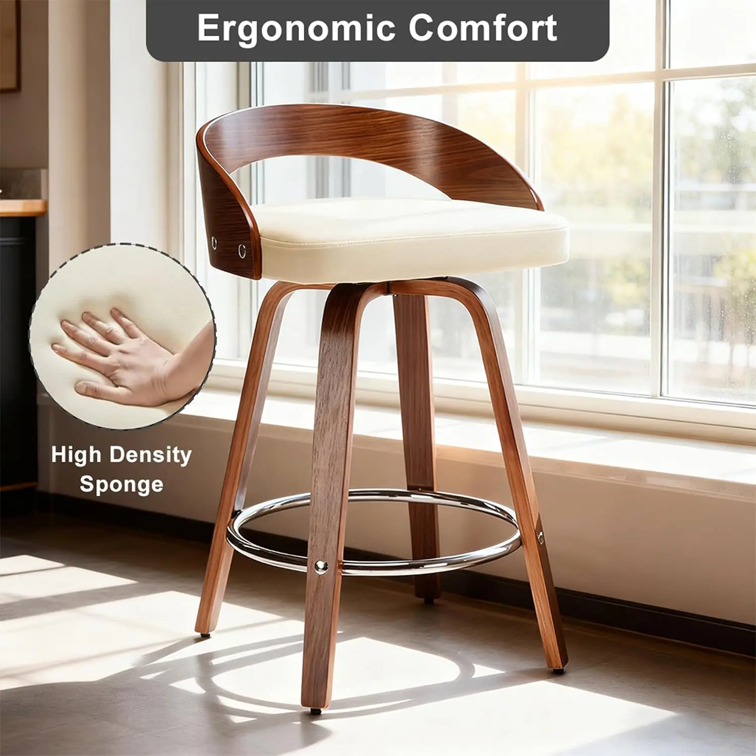 Mid Century Swivel Bar Stools Set of 6, 25" Faux Leather Counter Height Barstools with Walnut Back & Bentwood Legs, Customized - view 5