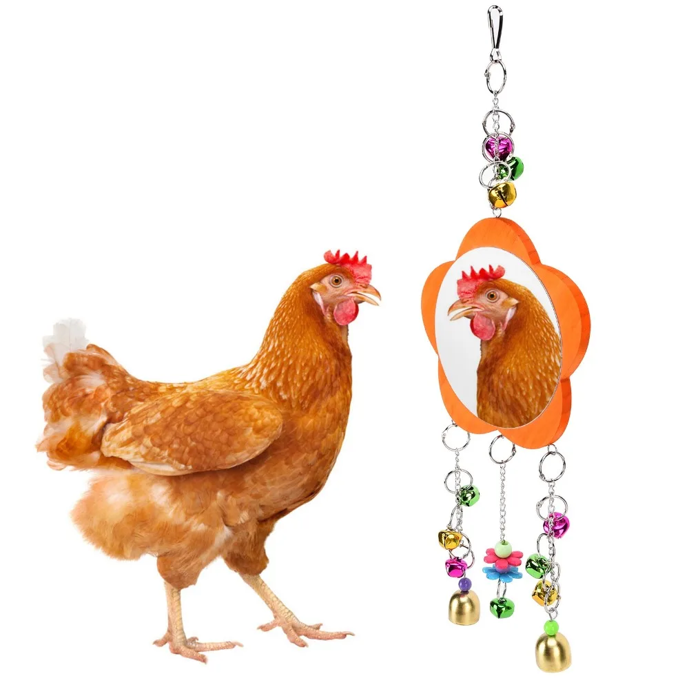 Broken Resistant Pet Chicken Toy Wood Plastic Chicken Hanging Mirror Non Toxic Colored Bells Rooster Toy Mirror Coop Play