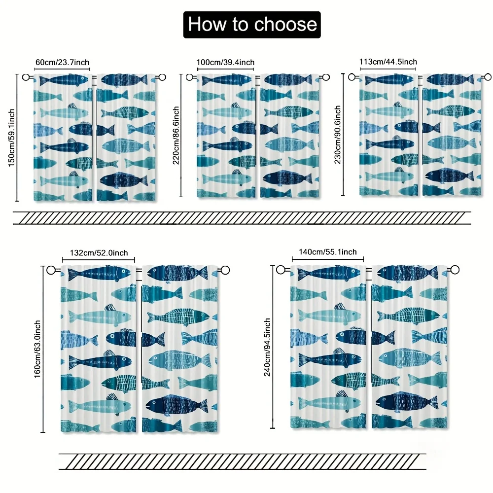 Hand-painted fish pattern in Nordic blues Print Drapes Room Darkening Window Curtains Home Decor,Rod Pocket Blackout Curtains