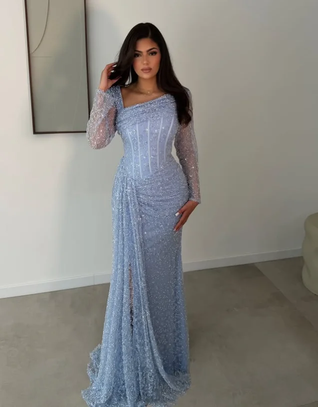 Luxurious Beaded Evening Dresses Long Sleeves Arabic Corset Floor-Length Special Occasion Prom Gown Customized платье вечернее