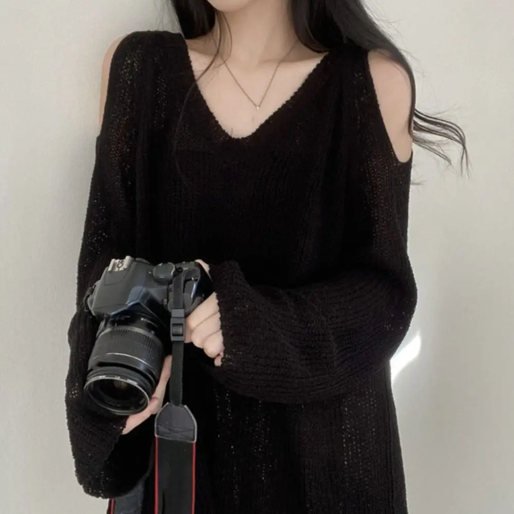 Atasan Rajut Berlubang Model V-neck, Pullover Rajut Crochet, Chic Lengan Panjang, Rajutan Longgar untuk Wanita